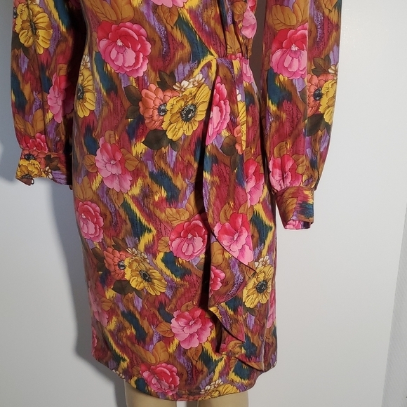 Vintage 80s Pat Argenti 100%Silk Dress 12 Pink Floral Long Sleeve Sheath Y2K - Picture 3 of 15